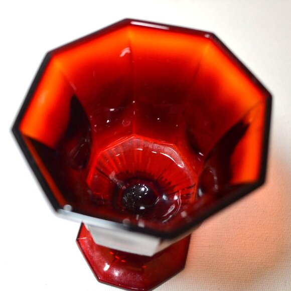 Set Of 3 Vintage Ruby Red Hexagonal Stemmed Goblets Dining Drinkware UV Glow - Picture 3 of 5